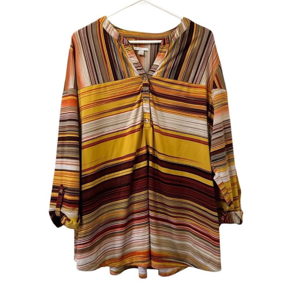 CATO EST. 1946 Womens Tunic Top Size 18/20W Striped V-Neck 3/4 Sleeve Buttons